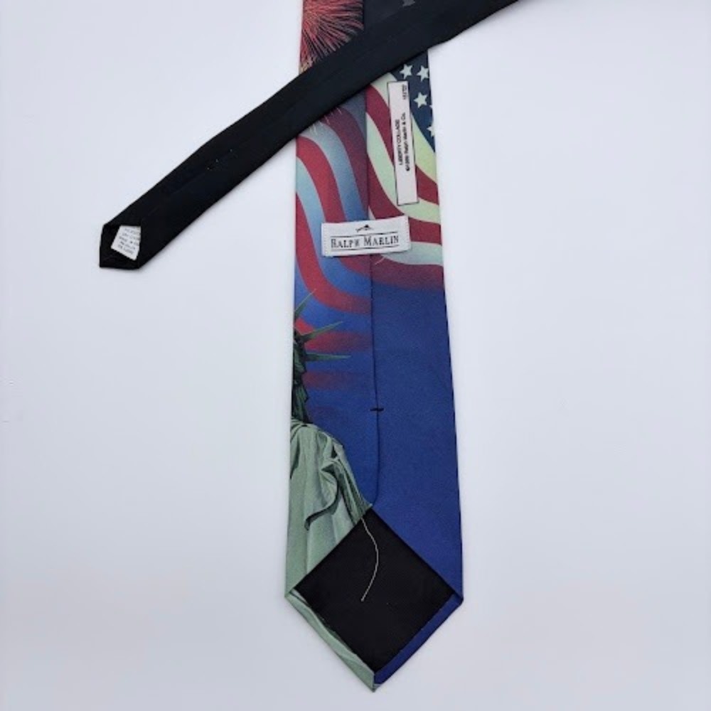 VTG Ralph Marlin Necktie Mens OS Blue Flag Statue of Liberty Fireworks 1999 USA - Picture 3 of 4
